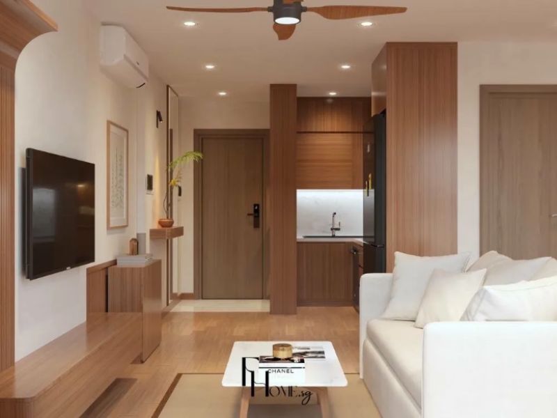 Phòng khách chung cư 60m2 phong cách Japandi với kệ TV gỗ walnut thấp, sofa trắng kem, bàn trà marble và sàn gỗ tông sáng