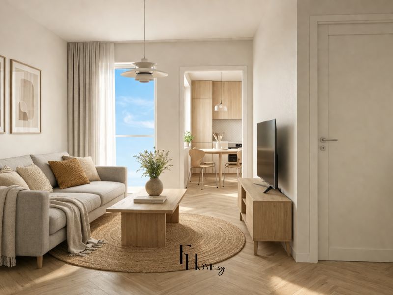 Phòng khách chung cư 60m2 phong cách Scandinavian với sofa xám chân gỗ, thảm đay tròn, bàn trà gỗ sồi và kệ TV chân cao