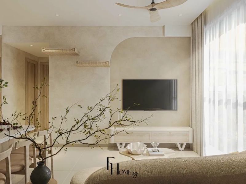 Phòng khách chung cư 60m2 phong cách Wabi Sabi với tường stucco be cũ, đường cong kiến trúc mềm mại và cành cây khô trong bình gốm đen