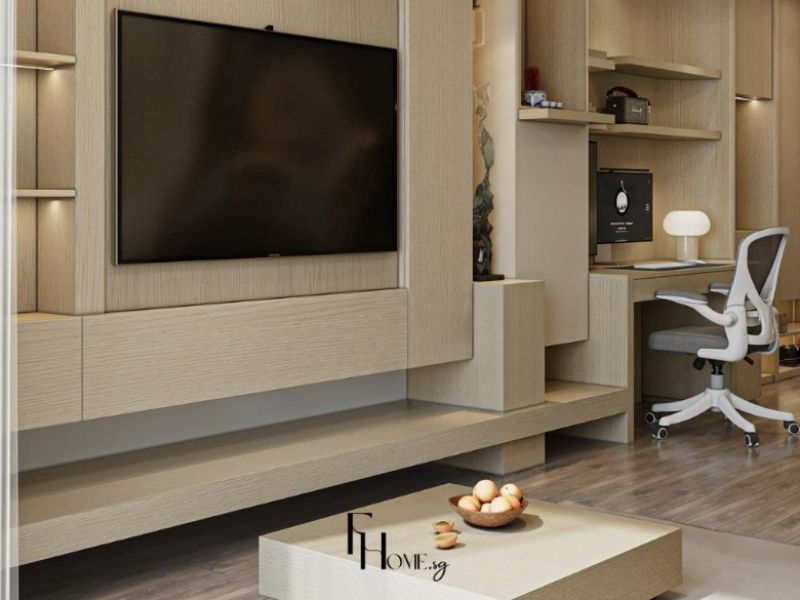 Phòng khách chung cư 60m2 phong cách tối giản với kệ TV gỗ âm tường tích hợp góc làm việc, tông Thiết kế be và nâu gỗ nhạt