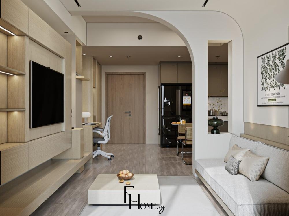 Phòng khách chung cư 65m² được thiết kế thông minh với diện tích 20–25m², sử dụng gam màu trắng, be
