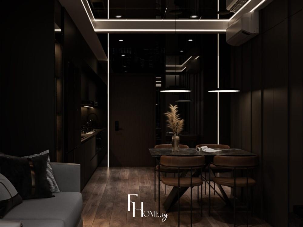 Phòng khách chung cư 65m² phong cách Luxury với sofa da cao cấp màu xanh đậm, bàn trà đá cẩm thạch, đèn led lộng lẫy và chi tiết kim loại mạ vàng tinh xảo