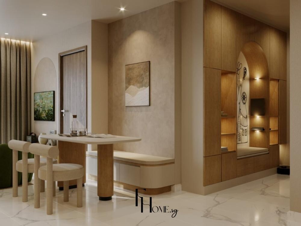 Phòng khách chung cư 65m² phong cách Wabi Sabi với tông màu trắng trung tính chủ đạo