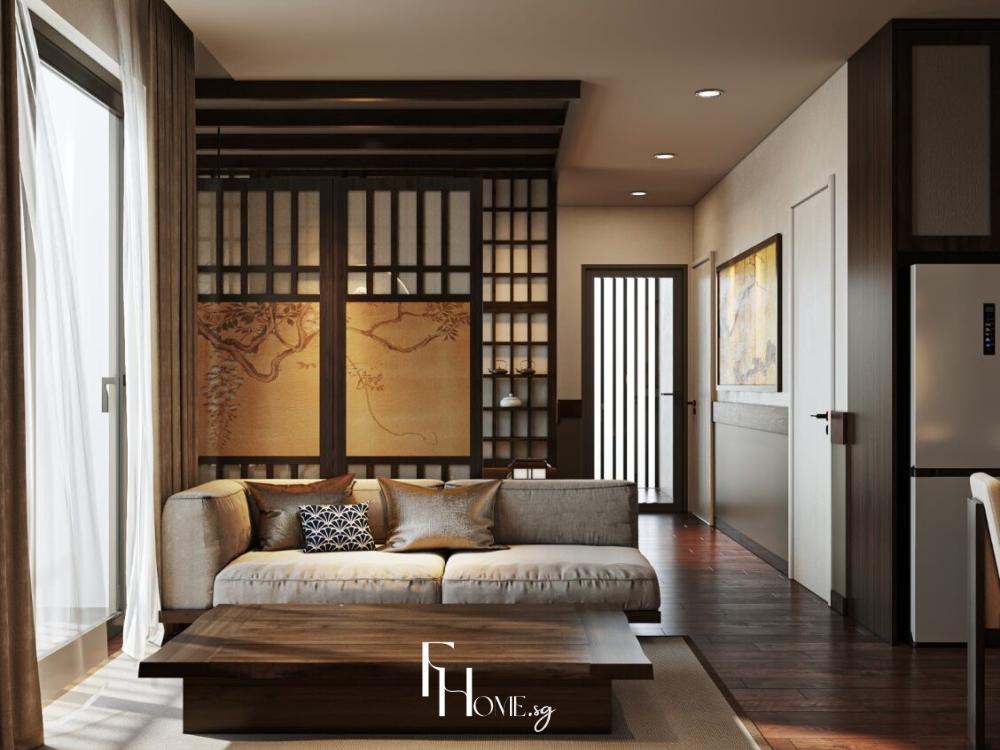 Phòng khách chung cư 65m² phong cách Zen với bàn trà thấp bằng gỗ sáng, sofa trắng, thảm cói