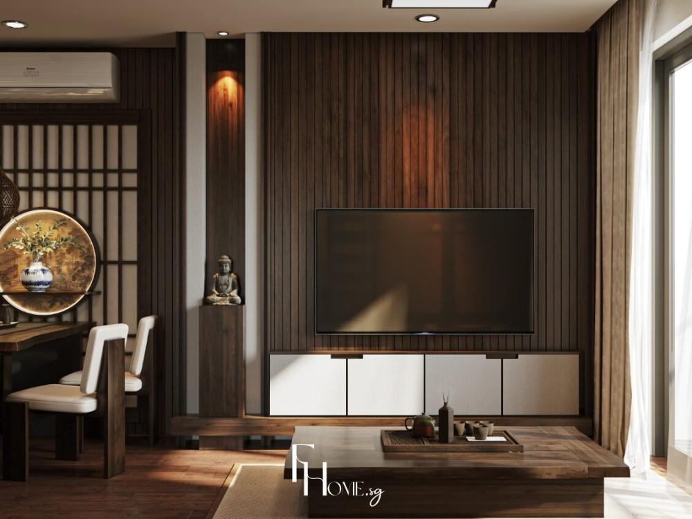 Phòng khách chung cư 65m² phong cách Zen với kệ tivi treo tường