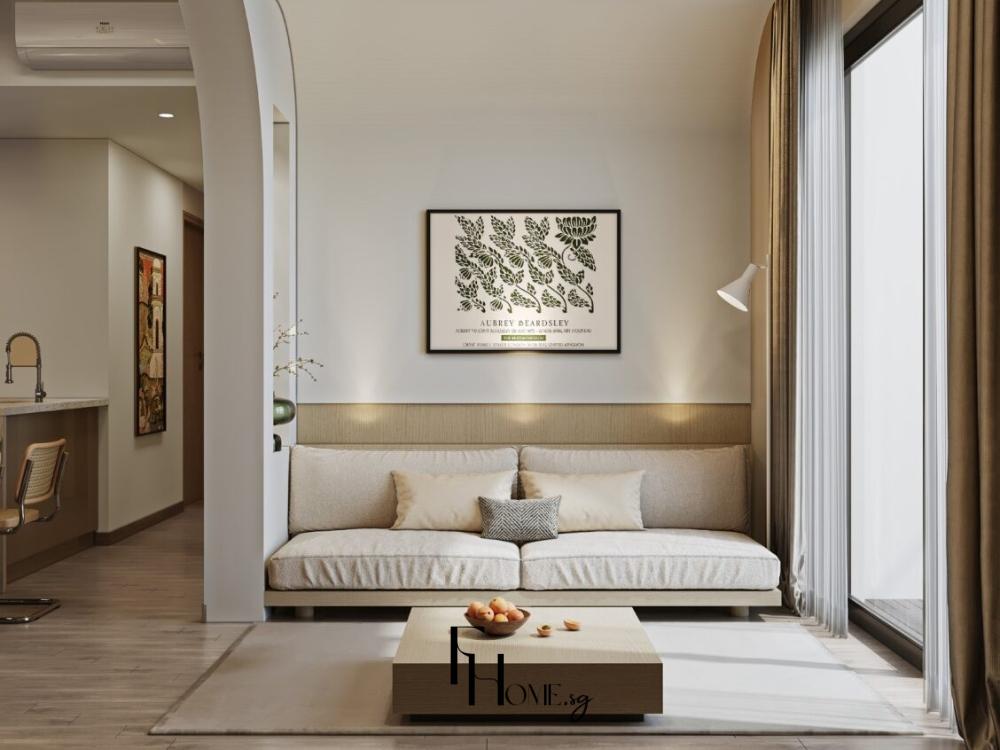Phòng khách chung cư 65m² phong cách tối giản với sofa trắng trơn, bàn trà gỗ sáng