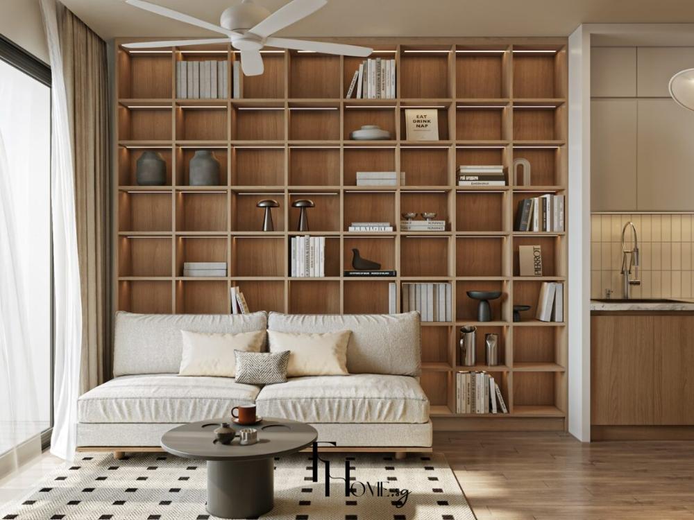 Phòng khách chung cư 65m² với 2 phòng ngủ, diện tích 22m², gồm sofa chữ i, bàn trà nhỏ, tủ âm tường