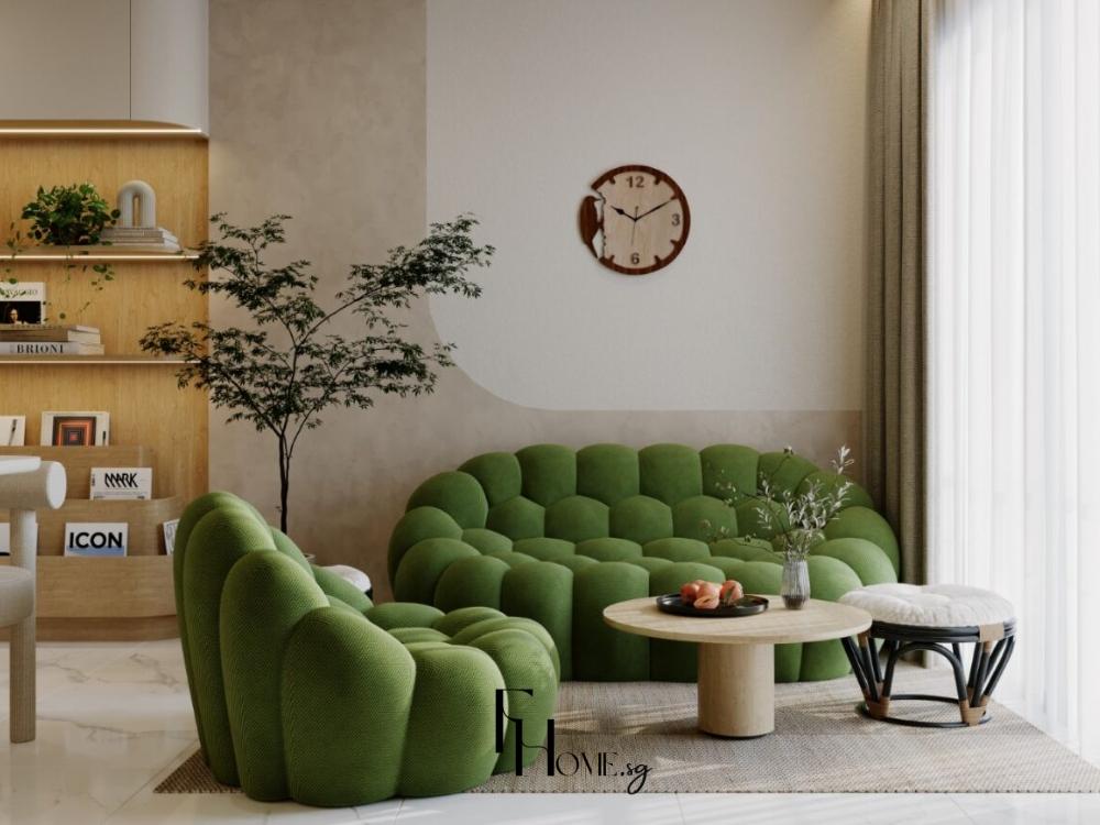 Phòng khách chung cư 65m2 phong cách Japandi, sử dụng sofa vải màu xanh, bàn trà gỗ sồi và cây xanh tạo điểm nhấn