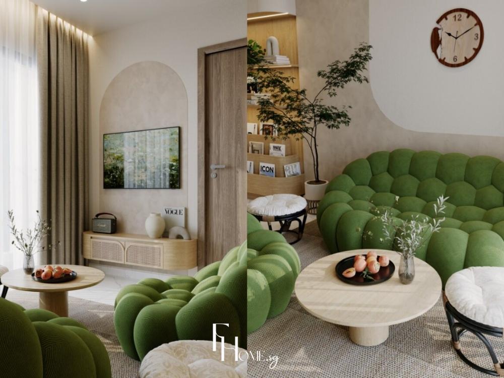 Phòng khách chung cư 65m2 phong cách Japandi với tông màu xanh trắng chủ đạo