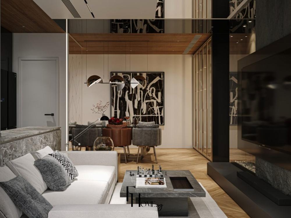 Phòng khách chung cư 75m² phong cách Luxury với sofa da cao cấp màu kem, bàn trà mặt đá cẩm thạch, kệ tivi gỗ óc chó bóng gương