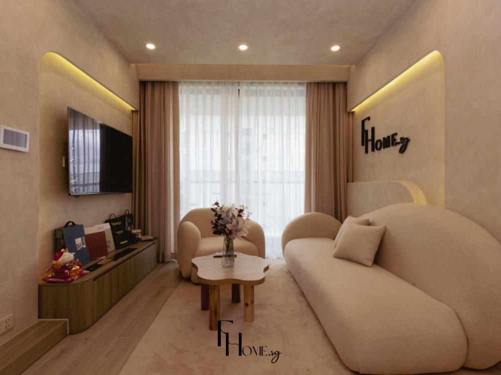 Phòng khách chung cư 75m² phong cách Wabi Sabi với sofa vải lanh màu be, bàn trà gỗ thô, tường bê tông mộc và sàn gỗ tự nhiên