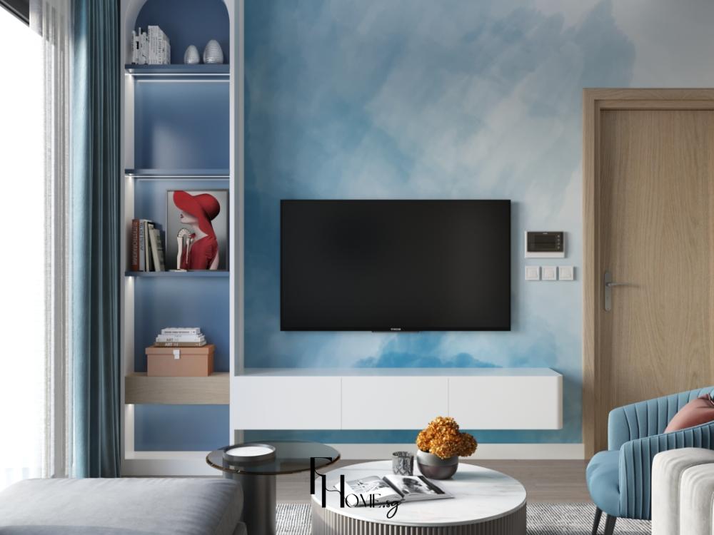 Phòng khách chung cư 75m² phong cách hiện đại sử dụng sofa da màu xám, bàn trà mặt kính, kệ tivi tối giản