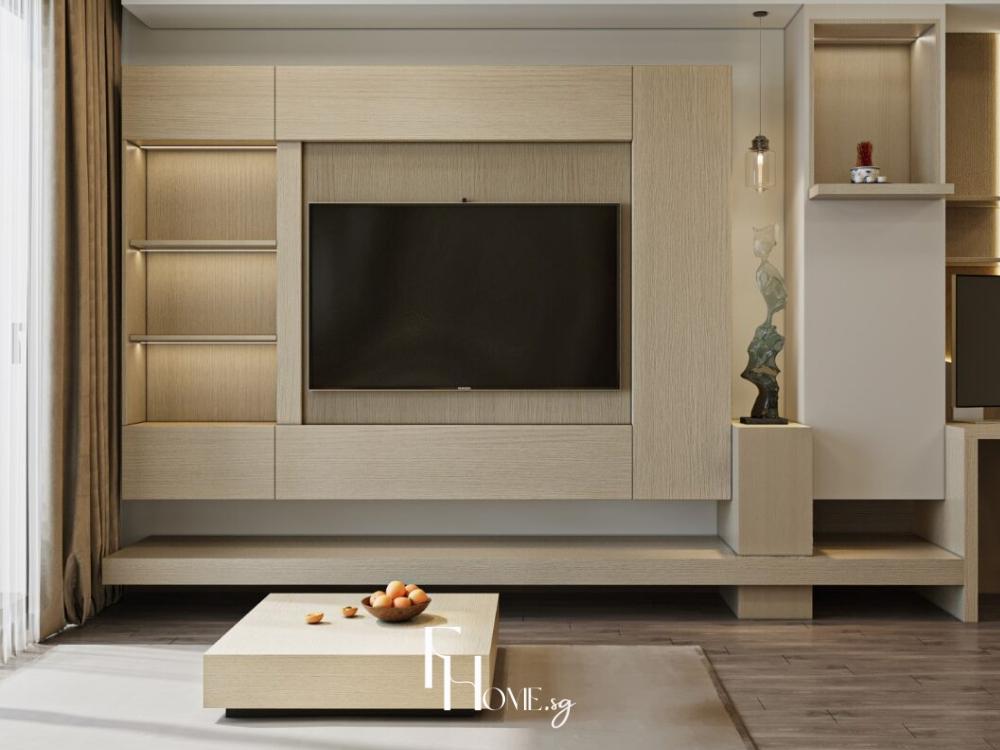 Phòng khách chung cư 75m² phong cách tối giản với kệ tivi treo tường, tông màu gỗ chủ đạo