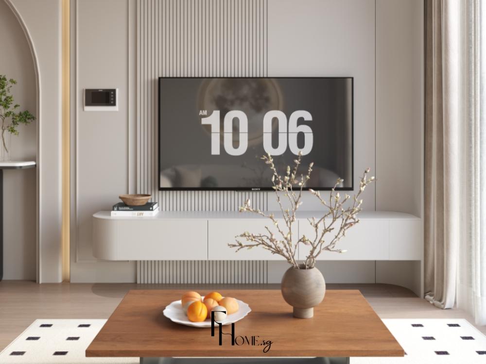 Phòng khách chung cư 75m² thiết kế theo với kệ tivi treo tường