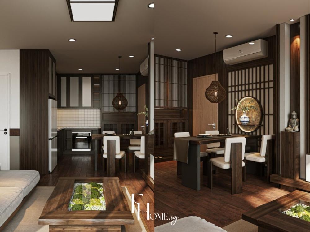 Phòng khách chung cư 75m² phong cách Zen liên thông phòng bếp
