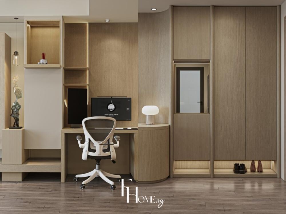 Phòng khách chung cư 75m² phong cách tối giản kết hợp phòng làm việc tối ưu