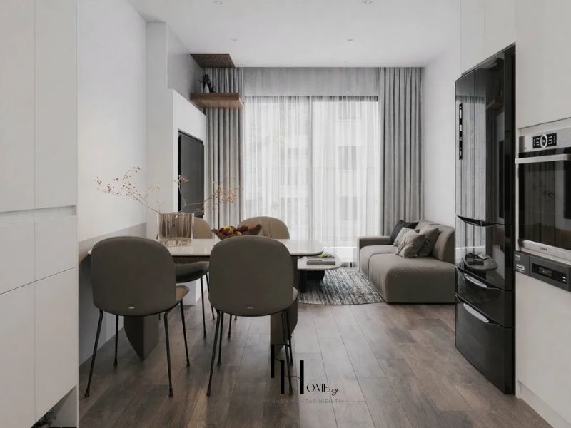 Phòng khách liên thông bàn ăn chung cư 60m2 một phòng ngủ