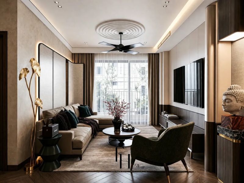 Góc nhìn tổng thể của phòng khách chung cư 80m2 2 phòng ngủ phong cách Hiện đại với sofa be, bàn cà phê gỗ tròn và quạt trần đen