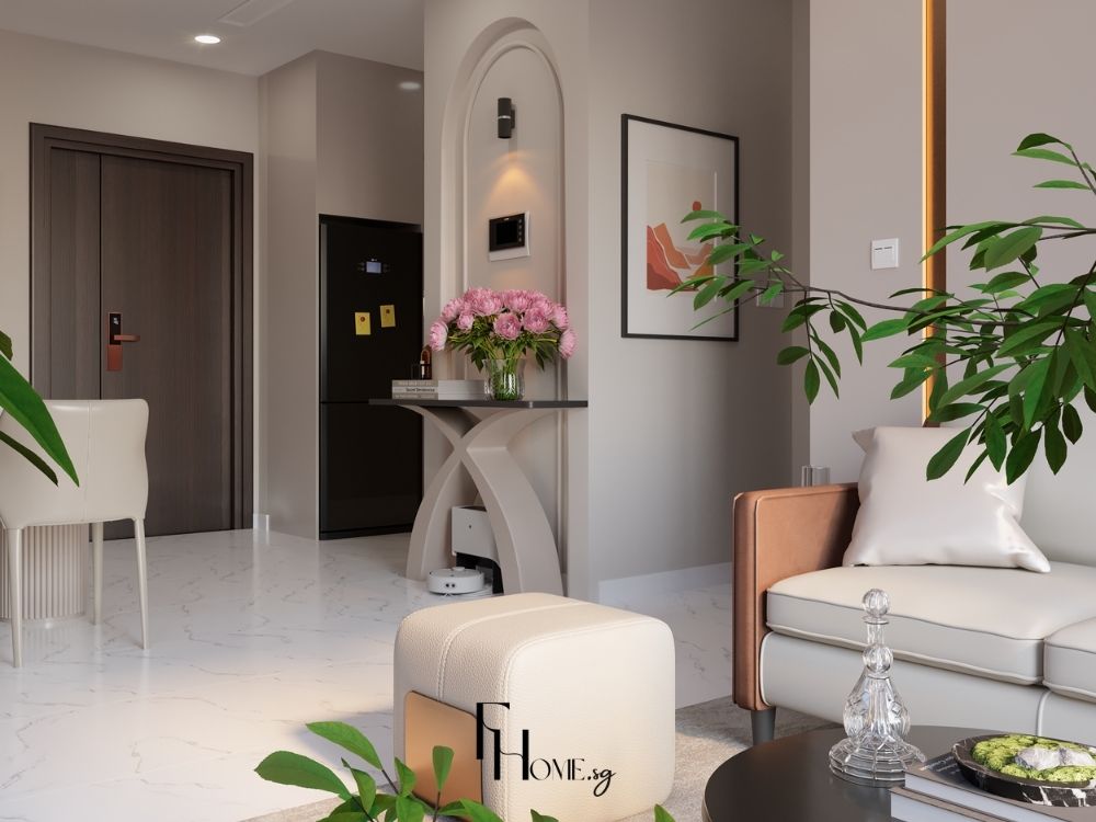 Phòng khách chung cư 80m2 liên thông phòng bếp