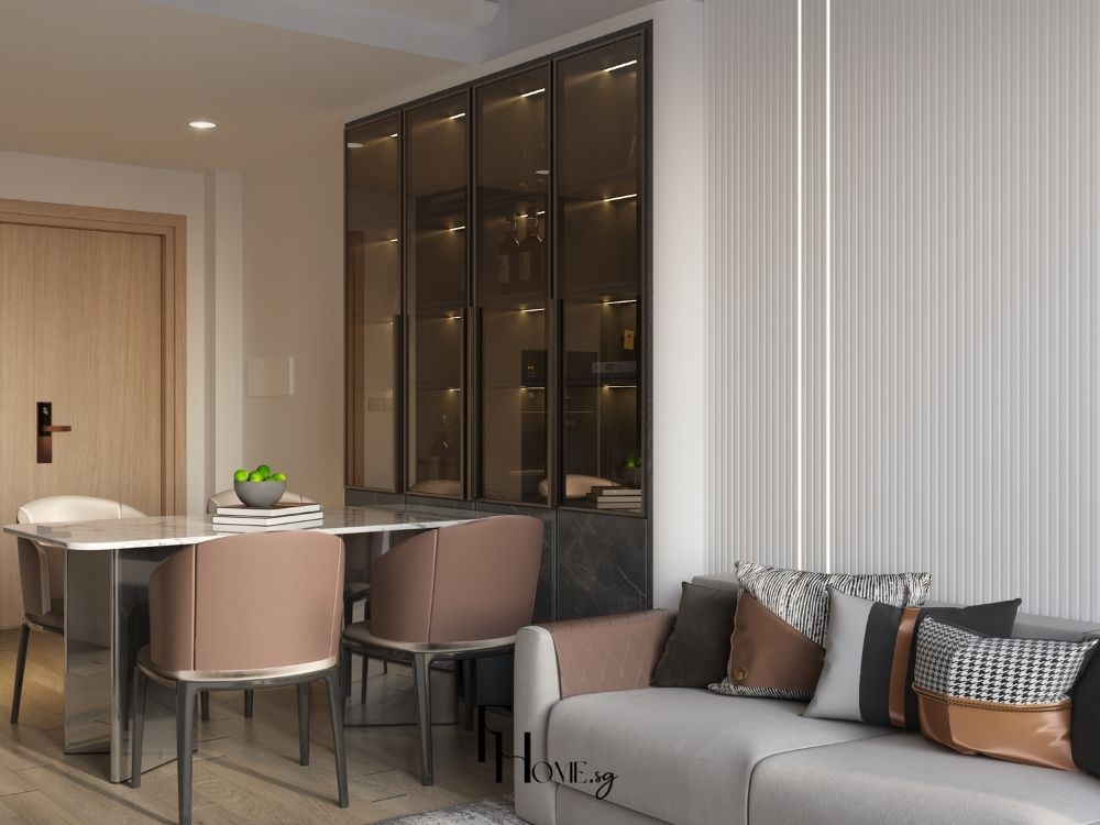 Phòng khách chung cư 80m2 liên thông phòng bếp