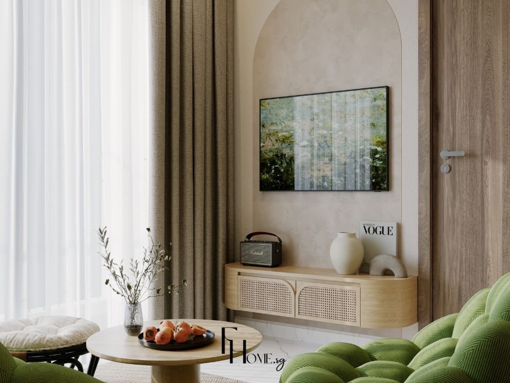 Phòng khách chung cư 80m2 với cửa sổ lớn 