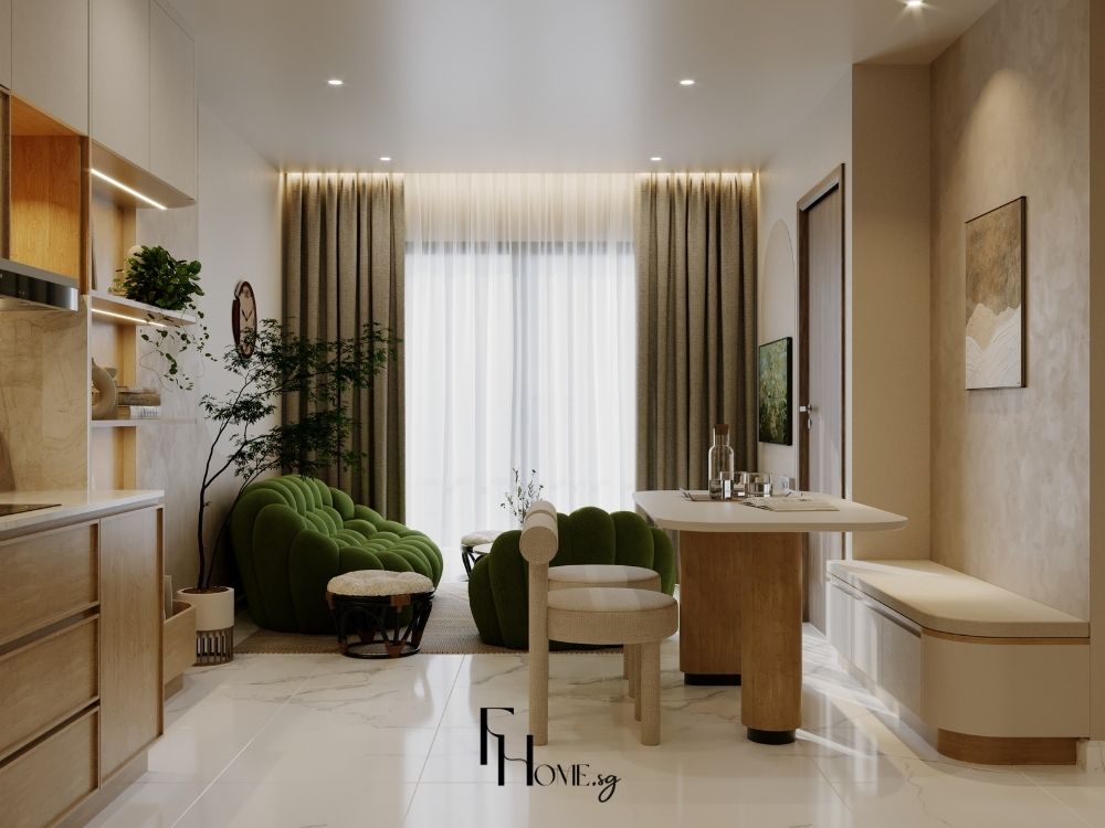 Phòng khách chung cư 80m2 với nội thất tối giản, sofa lớn và không gian mở