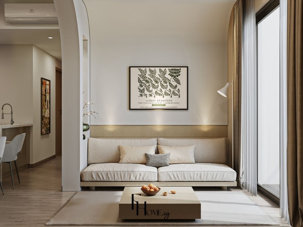 Phòng khách chung cư 80m2 với sofa góc, màu sắc nhẹ nhàng và ánh sáng tự nhiên từ cửa sổ lớn