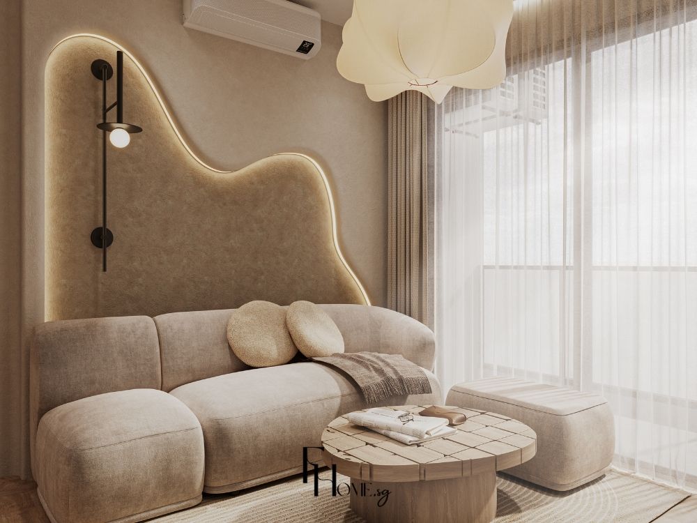 Phòng khách chung cư 80m2 với thiết kế tối giản, sofa gọn gàng và không gian mở