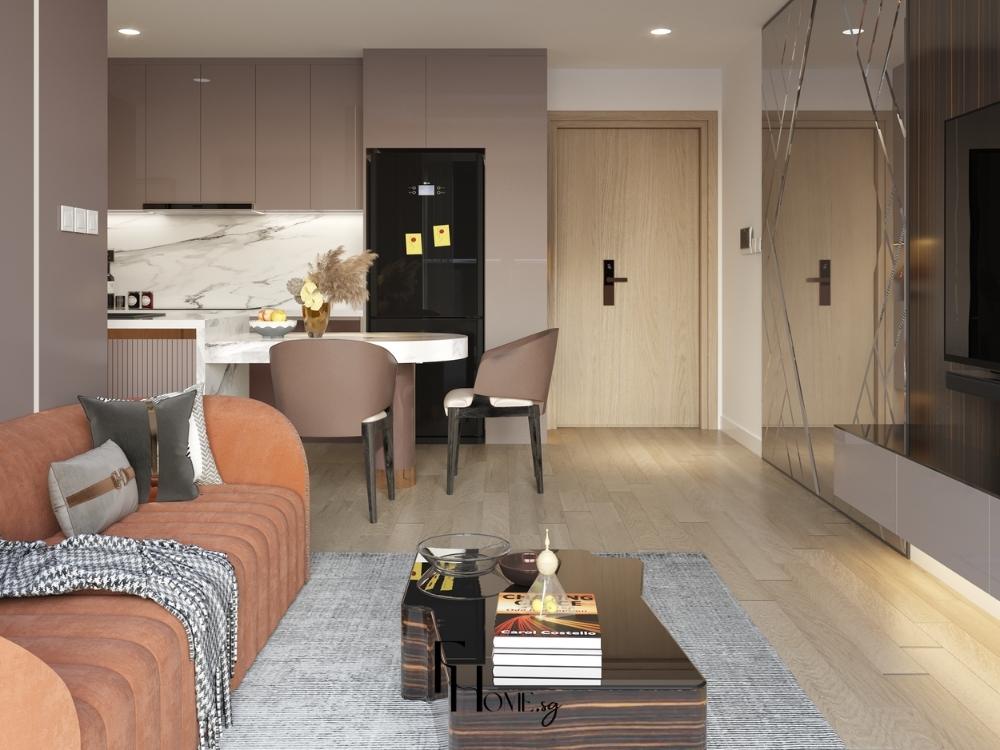 Phòng khách chung cư 90m2 liên thông phòng bếp