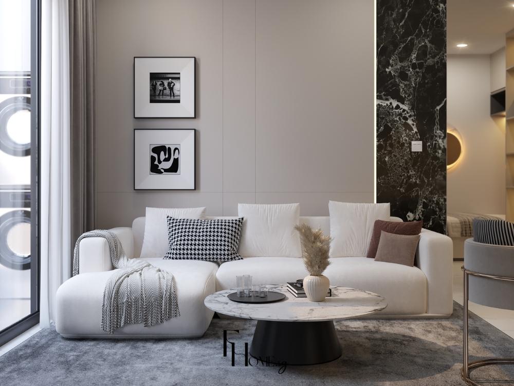 Phòng khách chung cư 90m2 màu trắng sang trọng