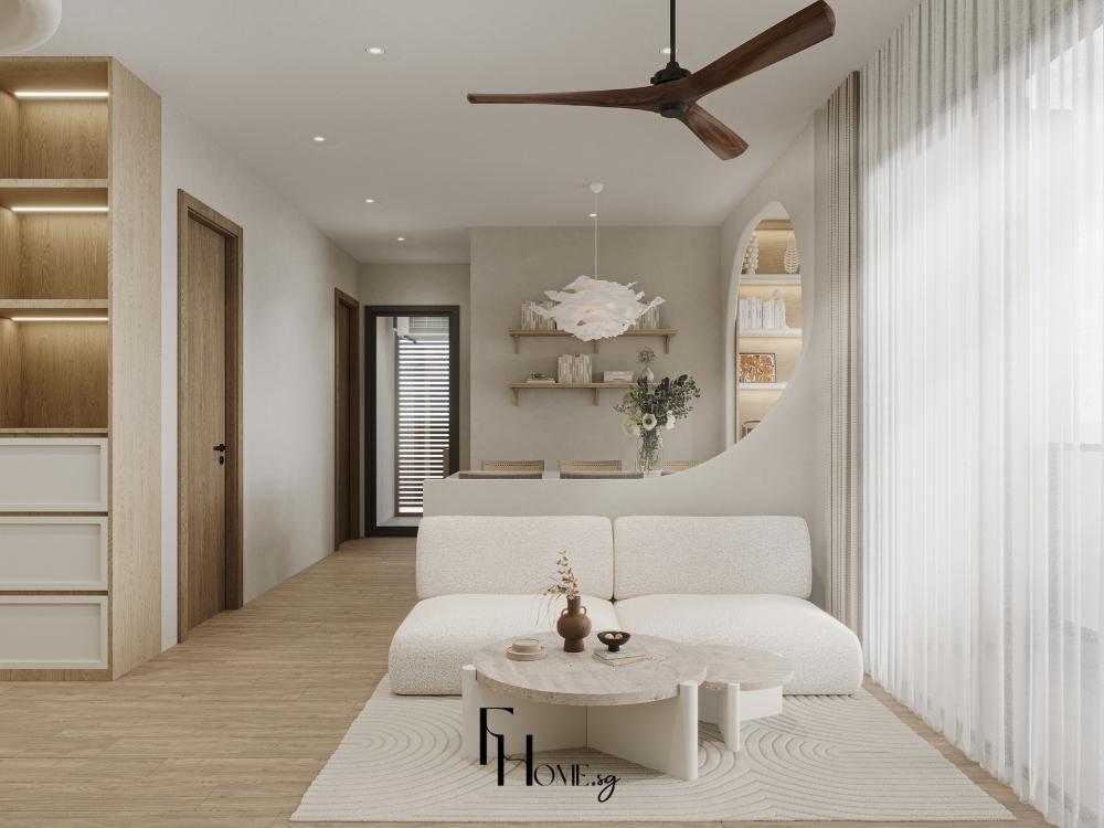 Phòng khách chung cư Wabi Sabi với bề mặt nguyên bản, mang đến không gian thư giãn nghệ thuật