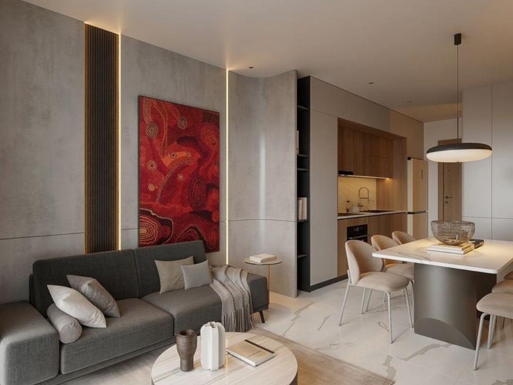 Phòng khách chung cư liền bếp, tạo không gian thông thoáng và kết nối giữa các khu vực