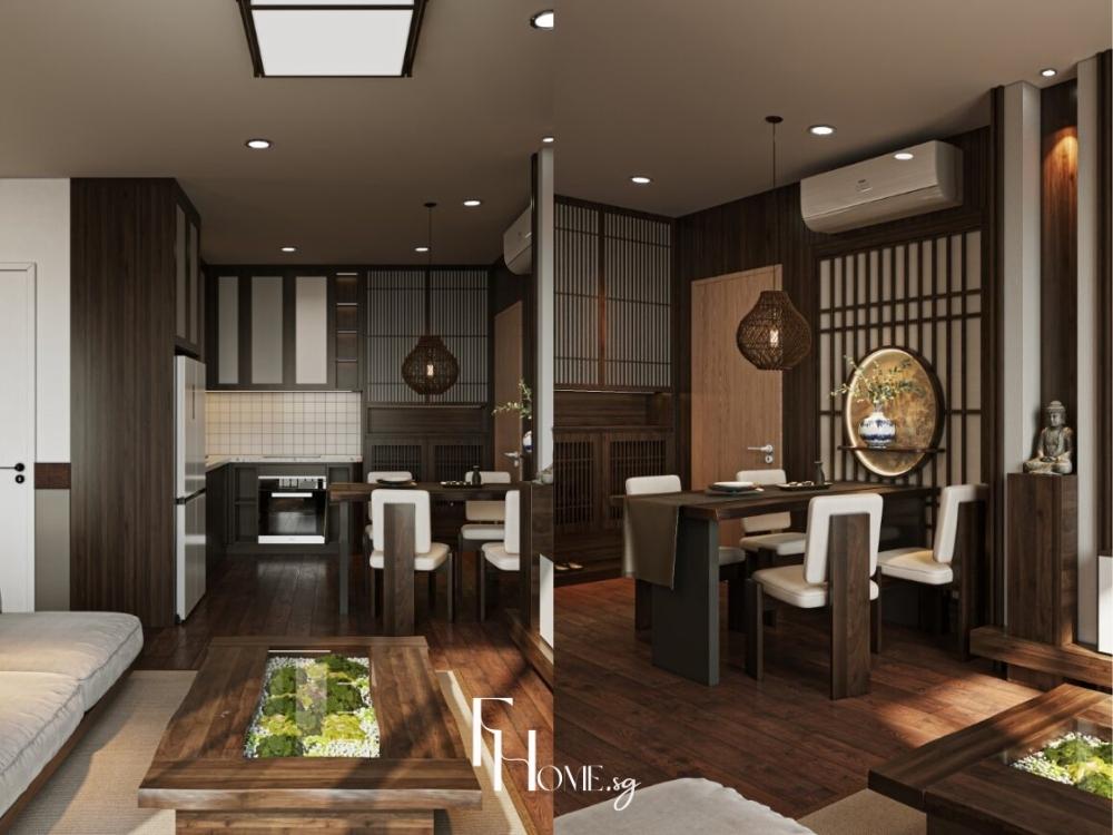 Phòng khách chung cư liền bếp với màu sắc và ánh sáng đồng bộ