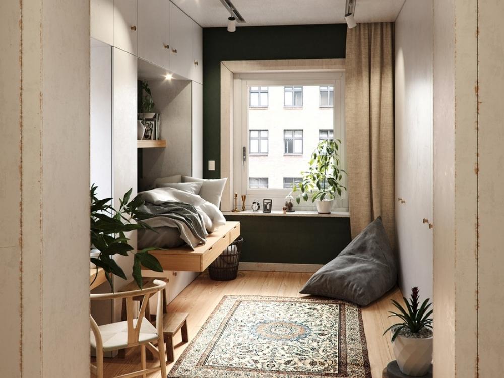 Phòng khách chung cư mini 17m² với sofa giường và nội thất thông minh