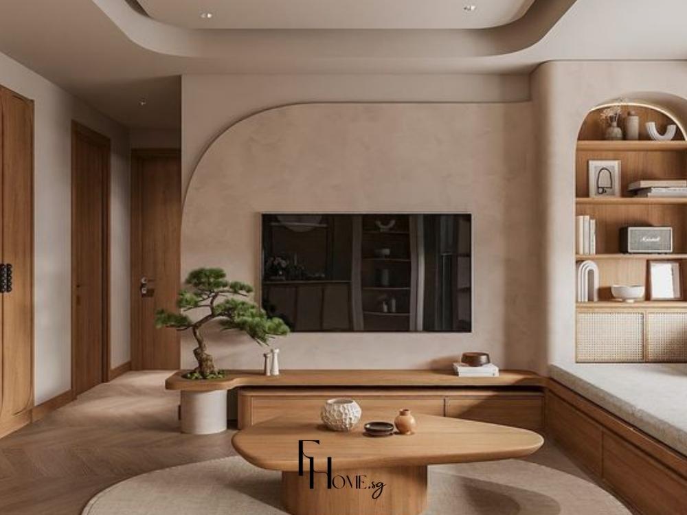 Phòng khách chung cư phong cách Japandi với gam màu trắng, be, nâu gỗ nhạt