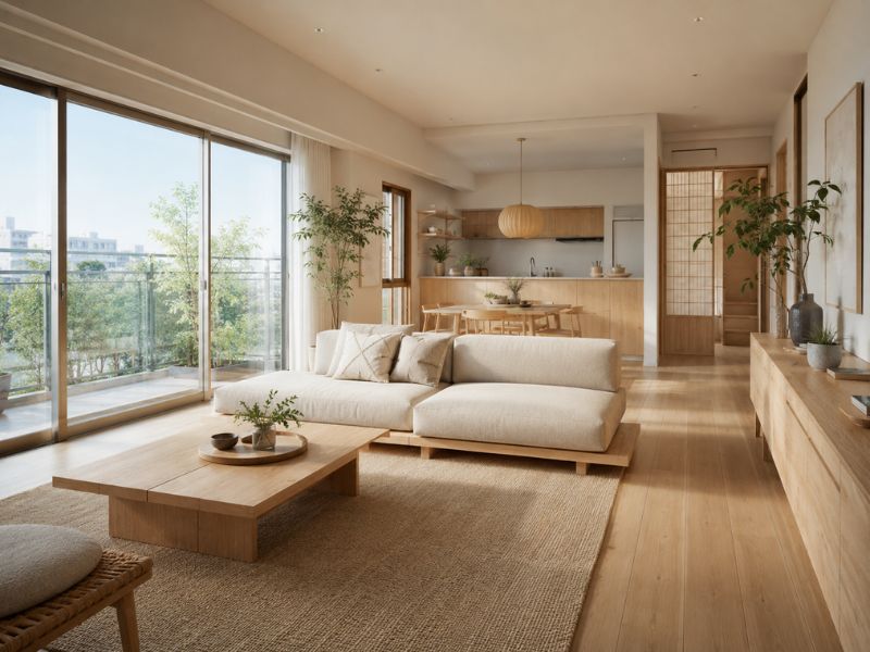 Phòng khách chung cư phong cách Nhật Bản với không gian mở, cửa kính lớn và ánh sáng tự nhiên thoáng đãng