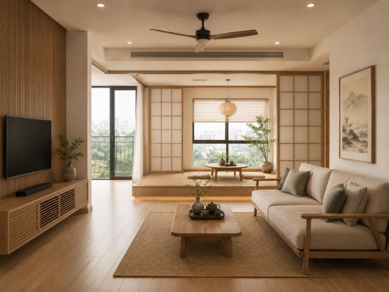 Phòng khách chung cư phong cách Nhật Bản với vách Shoji, sàn nâng và nội thất gỗ được tiết chế
