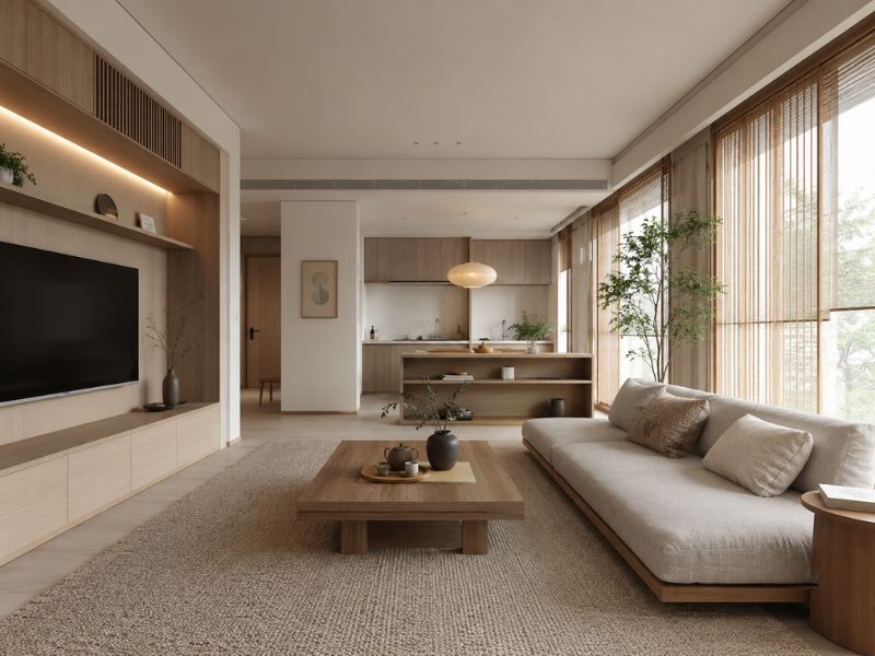 Mẫu nội thất chung cư phong cách Nhật Bản phòng khách sử dụng gỗ sáng, sofa thấp và ánh sáng tự nhiên để tạo không gian ấm áp, thoáng nhẹ