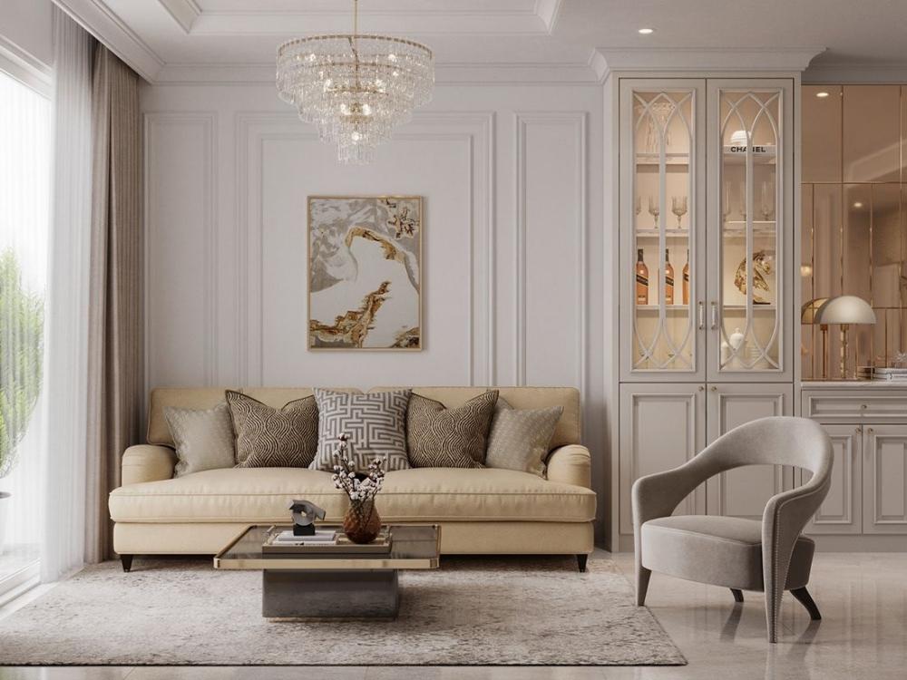 Phòng khách chung cư phong cách Tân cổ điển với gam màu trắng, kem, xám và vàng gold