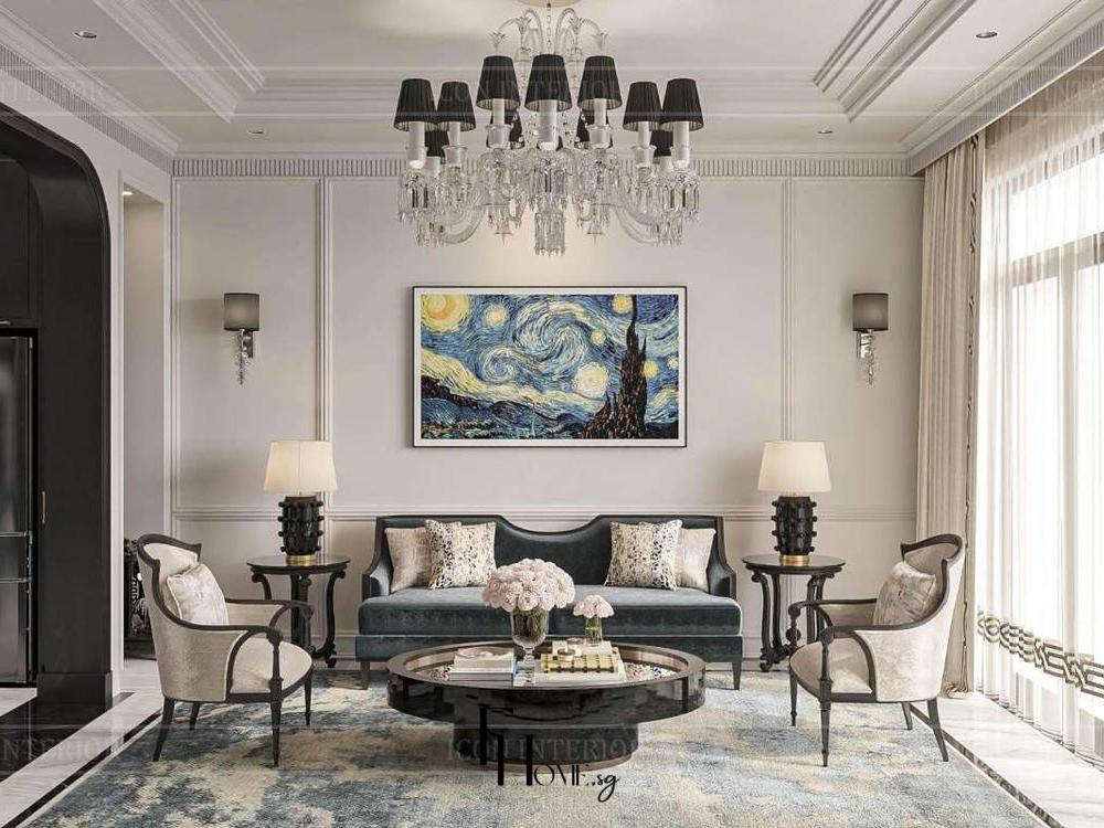 Phòng khách chung cư phong cách Tân cổ điển với thiết kế sang trọng và đối xứng của kiến trúc cổ điển