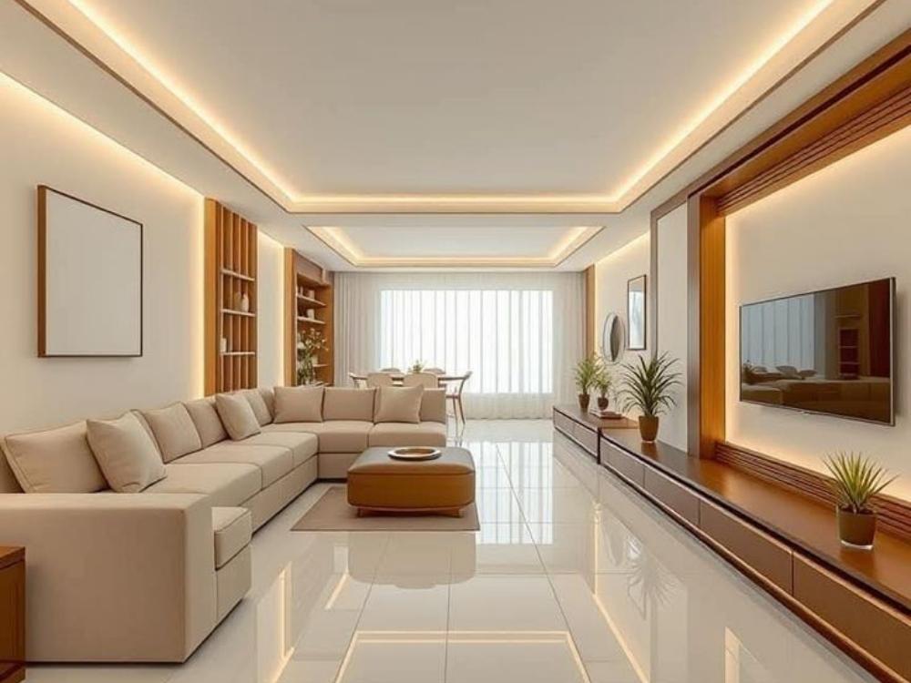 Phòng khách chung cư với ba lớp ánh sáng tổng thể, chức năng và trang trí, tạo không gian ấm cúng