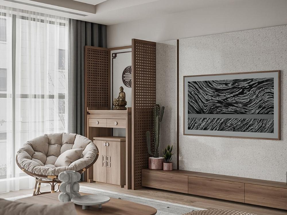 Phòng khách chung cư với bàn thờ được đặt đúng phong thủy, tránh lối đi, bếp và nhà vệ sinh