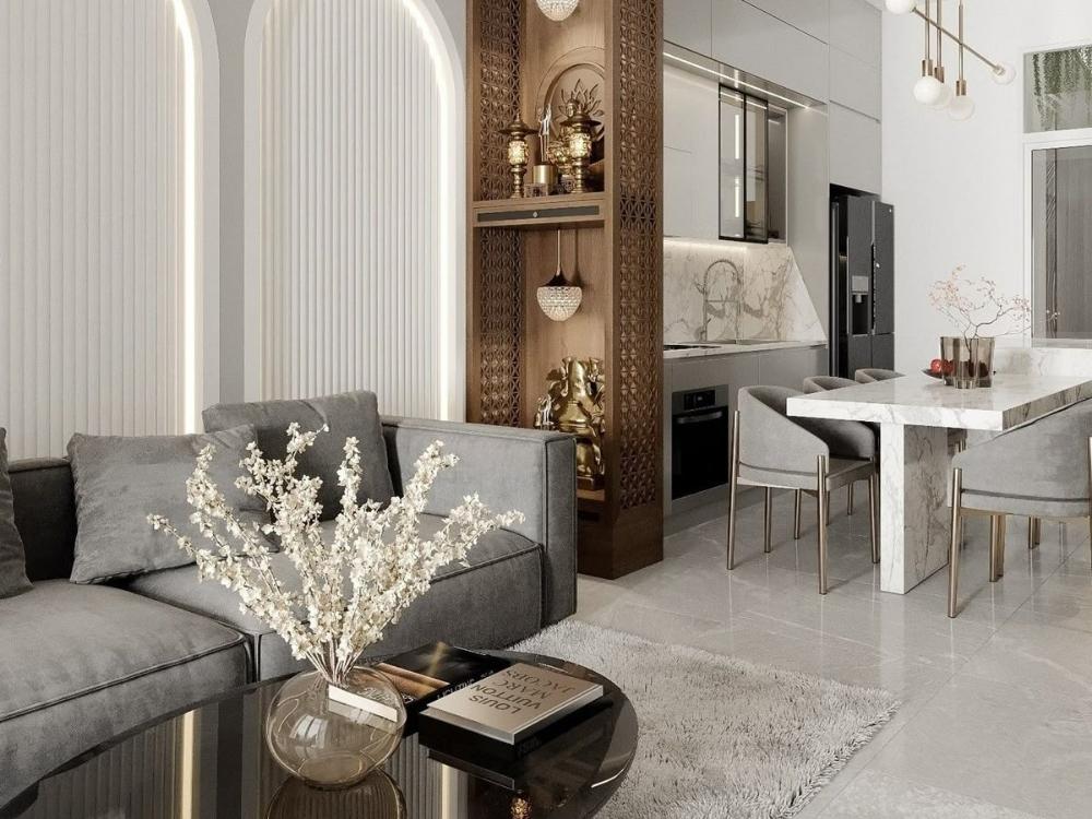 Phòng khách chung cư với bàn thờ trên kệ gỗ, không gian thờ cúng trang trọng và ấm áp