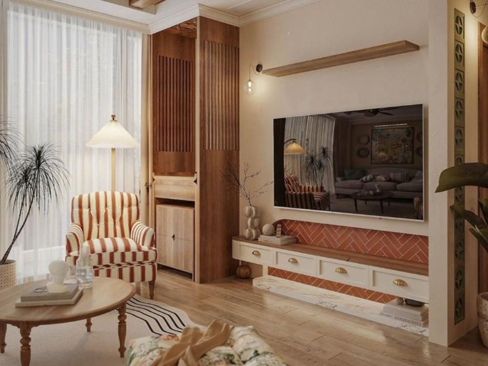 Phòng khách chung cư với gam màu trung tính, tạo không gian nền rộng rãi và dễ chịu.