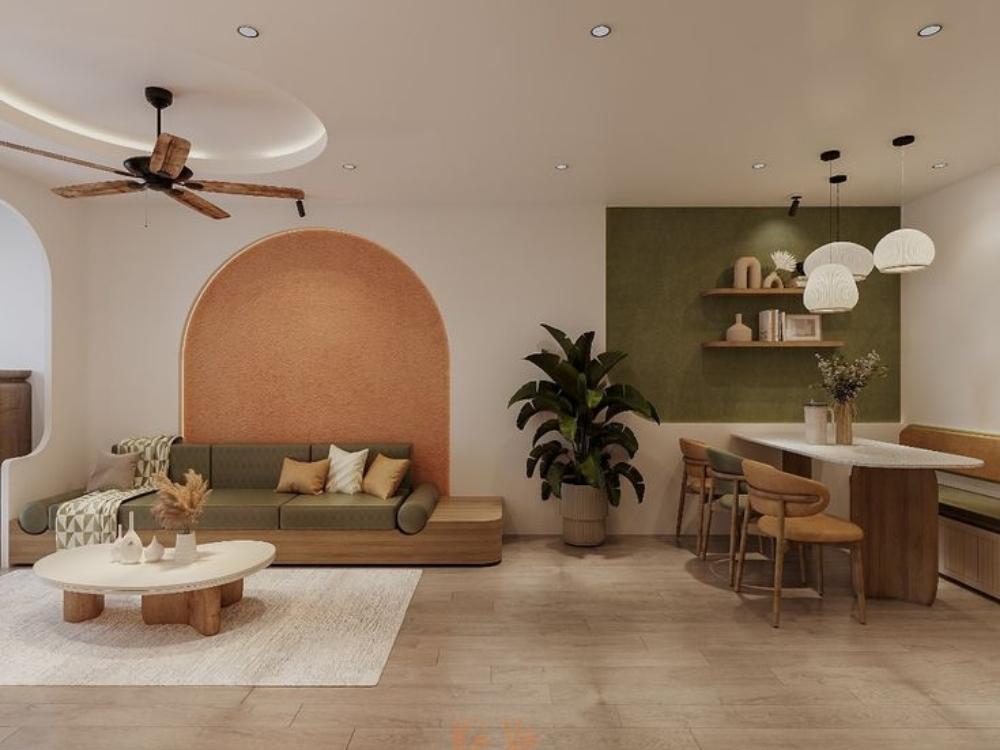 Phòng khách chung cư với màu sắc cam tạo điểm nhấn, mang đến chiều sâu và cá tính cho không gian