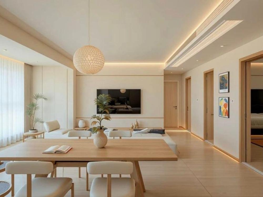 Phòng khách chung cư với thiết kế ánh sáng đa tầng, kết hợp ánh sáng tổng thể, chức năng và trang trí