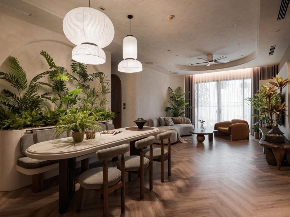 Phòng khách chung cư với thiết kế không gian mở, tối ưu ánh sáng tự nhiên và kết nối các khu vực sinh hoạt