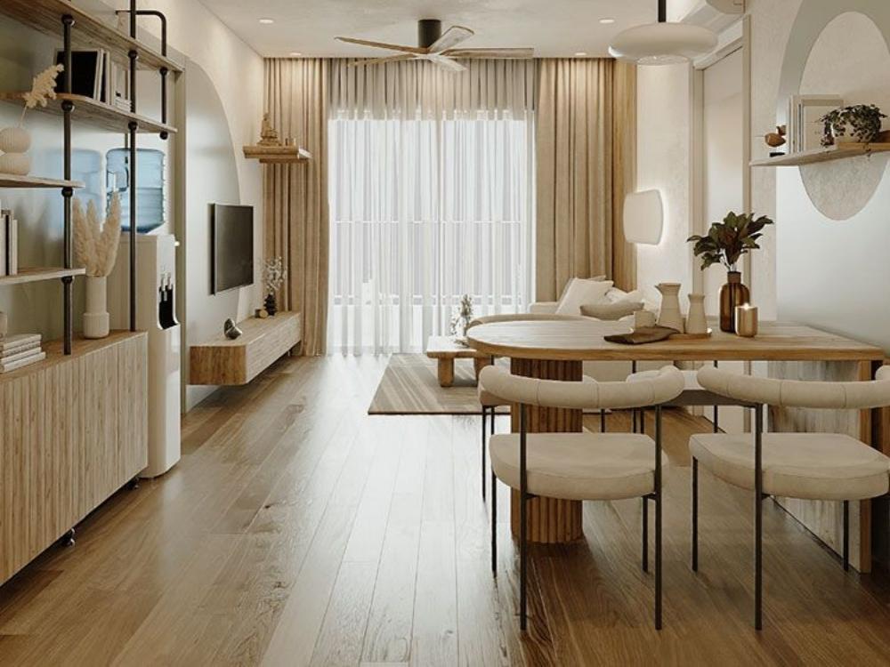 Phòng khách chung cư sử dụng không gian chiều dọc với tủ trang trí cao kịch trần để tối ưu hóa diện tích