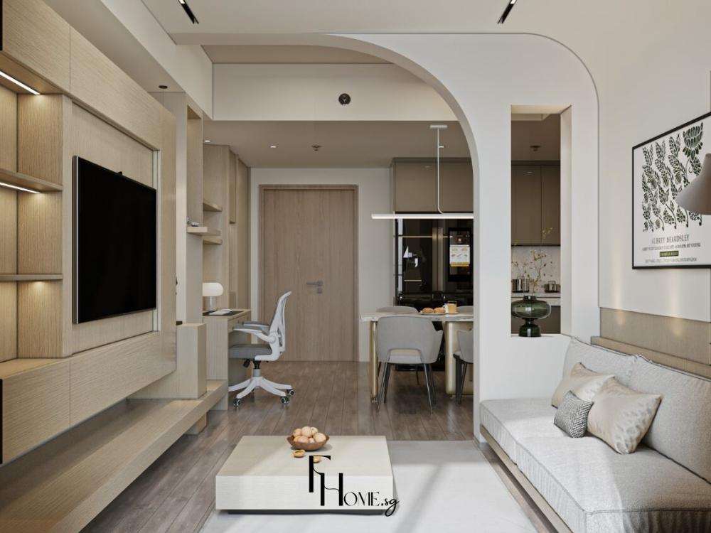 Phòng khách chung cư với vách ngăn không chỉ tạo sự riêng tư mà còn là điểm nhấn trang trí.