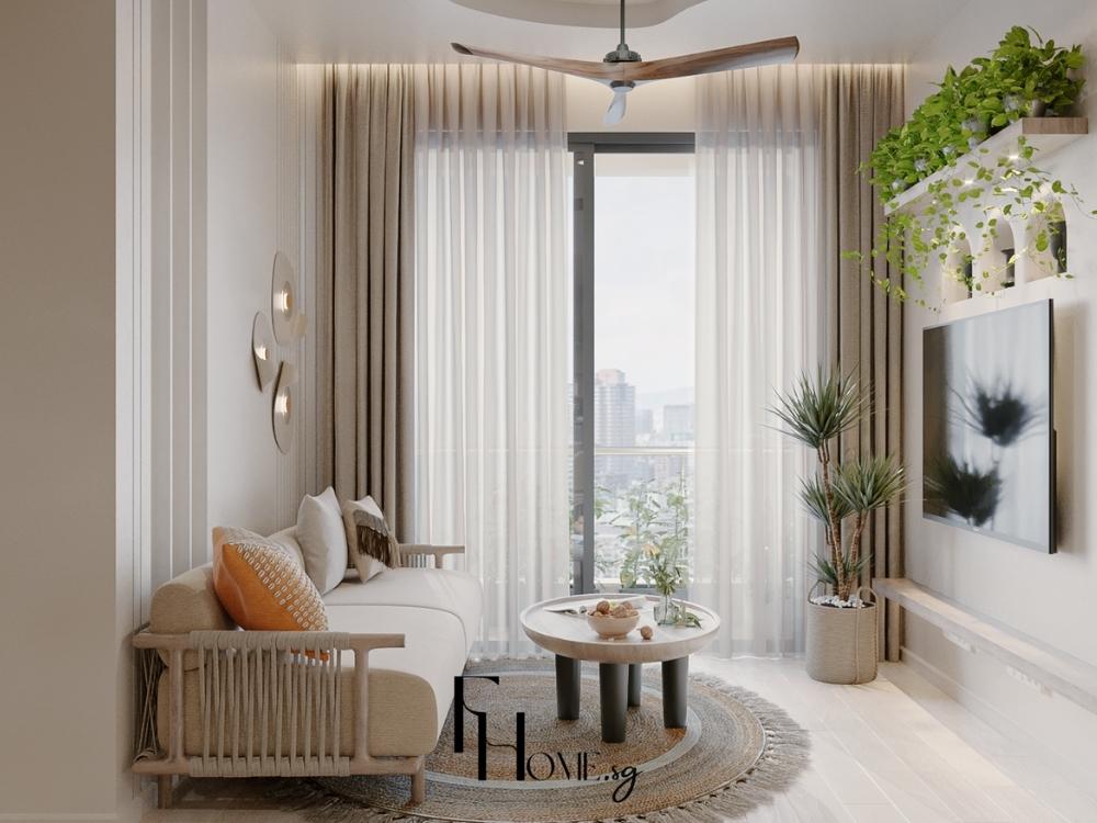 Phòng khách đầu tiên mở rộng liên thông với bếp và bàn ăn, tràn ngập ánh sáng tự nhiên